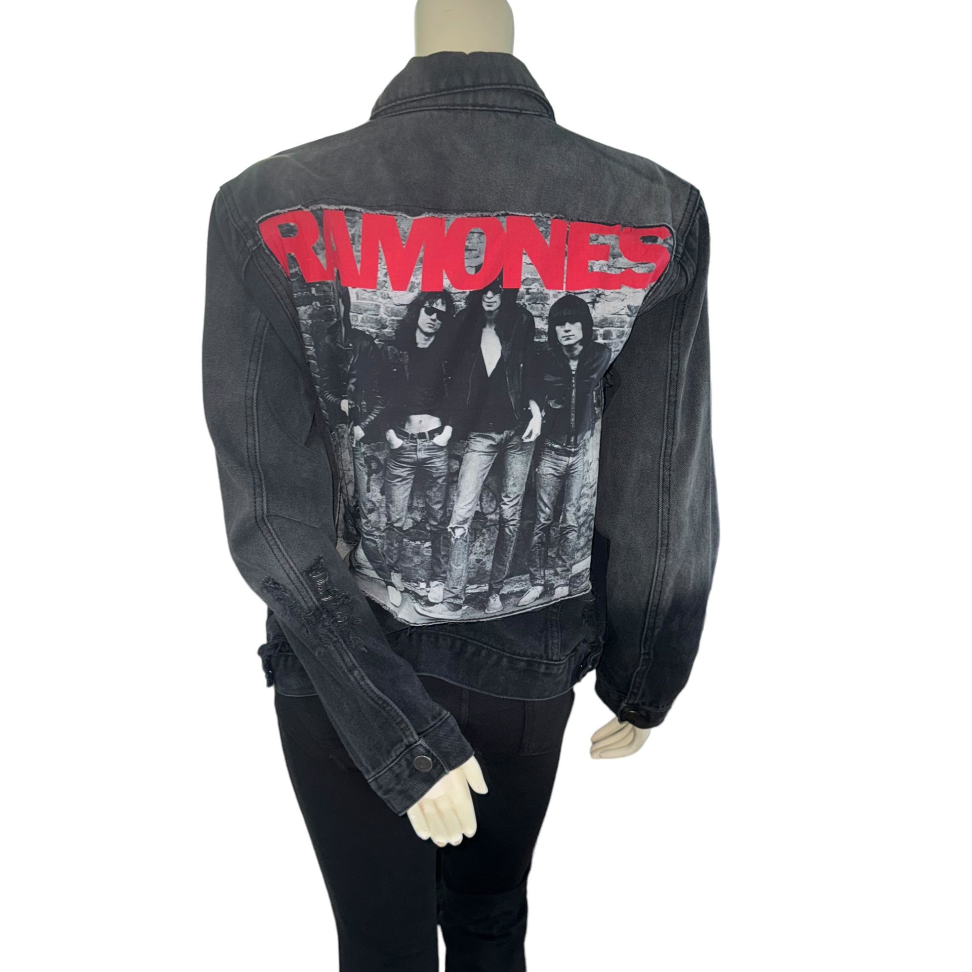 The Official Ramones 1-2-3-4 Distressed Ramones Denim Jacket Women's Black and Red  Denim Jacket L  
