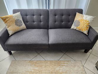 Gray Tufted Fabric Sofa/ Full Size Bed