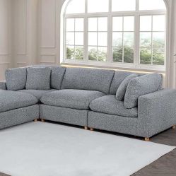 Grey Sectional Sofa With Boucle Fabric And Feather Down Cushions