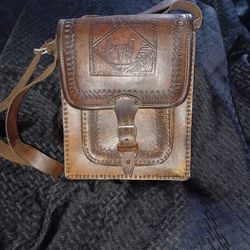 Vintage Brown Leather Handtooled Shoulder Bag 
