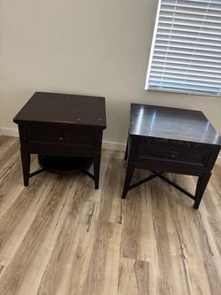 Dark Wood End Tables with Drawer – Set of 2
