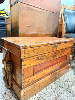 Vintage Solid Wood Maritime Sea Chest / Craftsman Tool Trunk with Authentic Rope Handles
