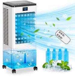 Portable Air Cooler with 8 L Water Tank, Evaporative Cooling, Remote Control, 3 Speed Settings, Black, 60W, for Bedroom, Living Room, Office