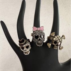 Set Of 3 Skull Rings - All Adjustable