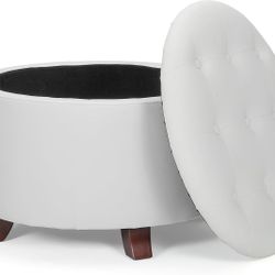 Athena Collection 24.5 Inch Small Ottoman with Storage, Round PU Leather Storage Ottoman Foot Rest with Removable Lid, Multipurpose Footstool Footrest