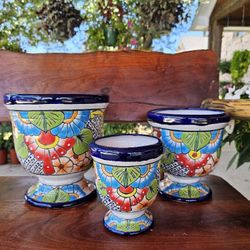 Blue Rim Talavera Urns Set Clay Pots, Planters,Plants, Pottery