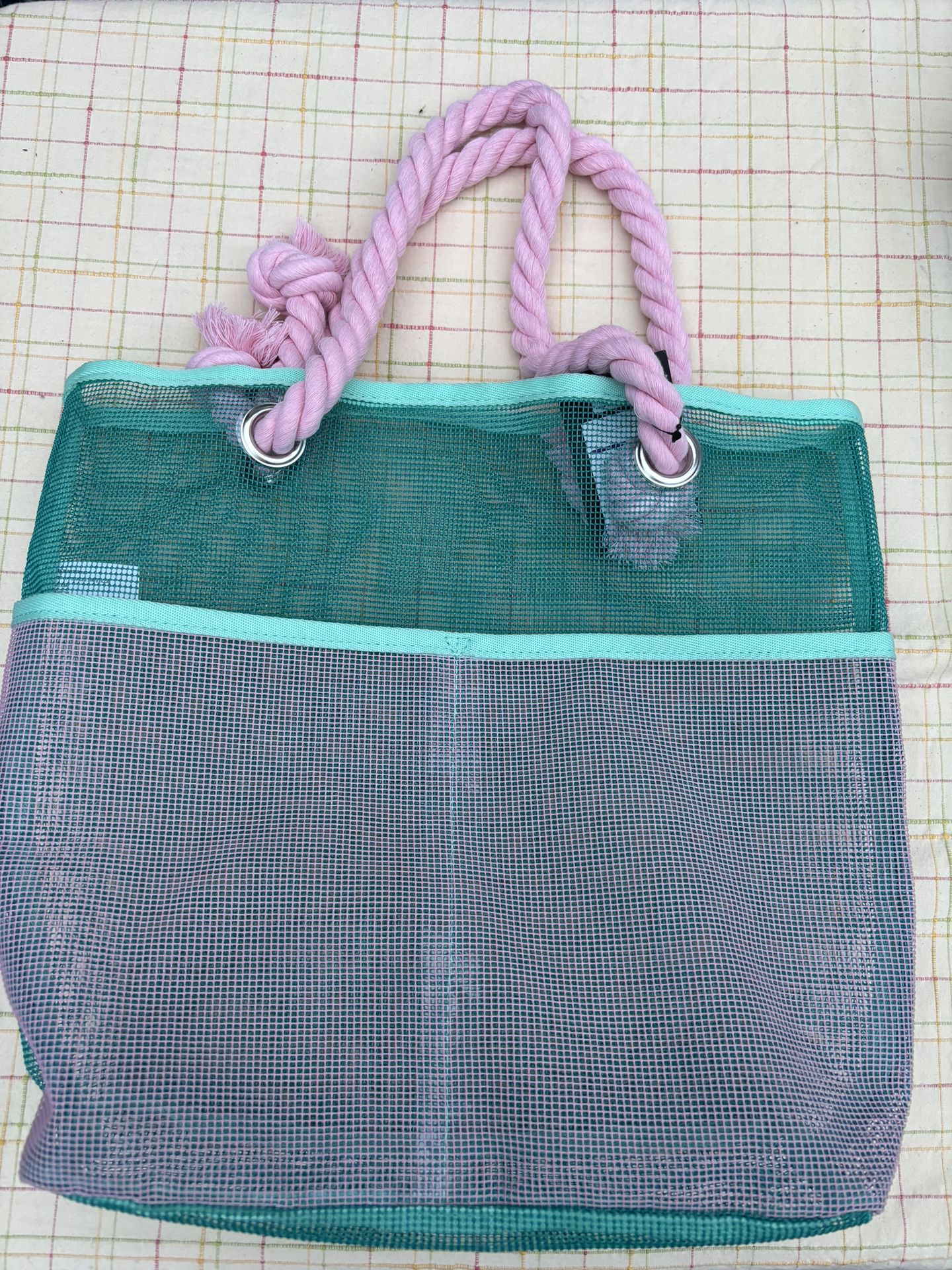 Teal Beach Mesh Bag w/ pink rope handles 