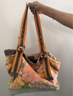 Lucky Brand Floral Canvas Tote in Pink, Yellow & Orange with Green Suede