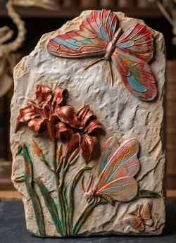 VINTAGE ORNATE 3D FLORAL FLOWER DAFFODIL BOUQUET BUTTERFLY CEMENT STONE PICTURE ART ACCENT WALL DECOR PLAQUE