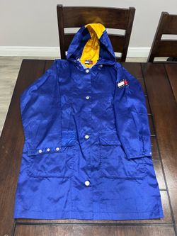 Vtg 90s Tommy Hilfiger Rain Jacket Long Parka Blue Yellow Hooded Sailing Mens M