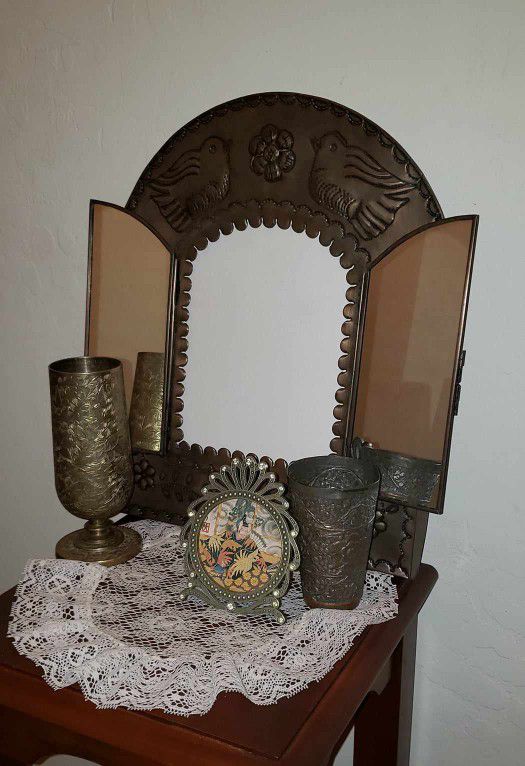 VINTAGE ORNATE STAMPED ETCHED BRASS WINE GLASS CHALICE CUP BIRD SPARROW FAUX WINDOW SHUTTER MIRROR ORIENTAL PICTURE FRAME