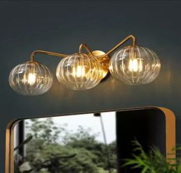 LNC Modern 23.6 in. 3-Light Plated Brass Vanity Light with Pumpkin Clear Glass Shades for Bathroom Vanity and Makeup Mirror