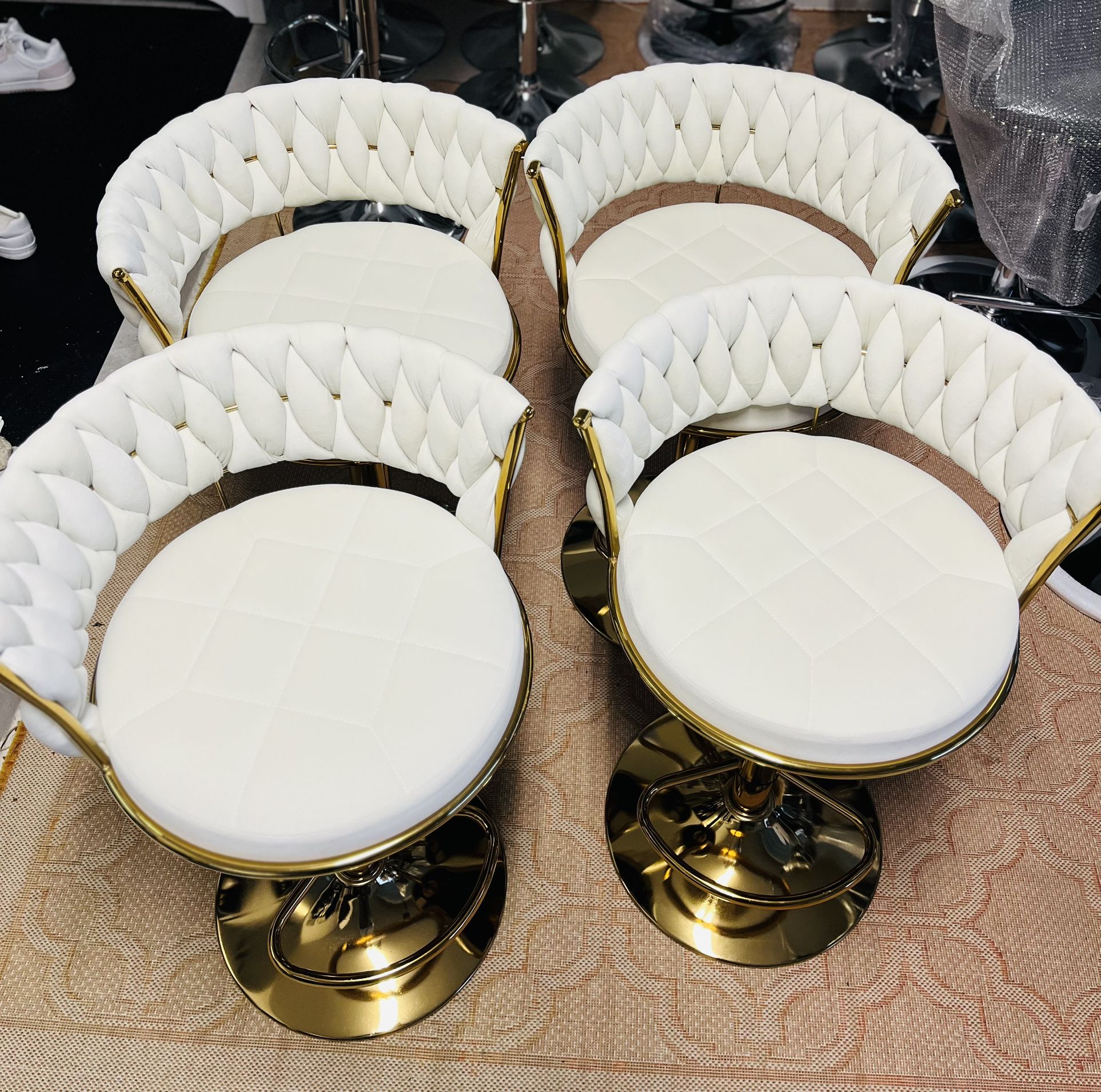 [NEW] Off-White Velvet Fabric Seat, Golden Base Bar Stools-Adjustable&Swivel