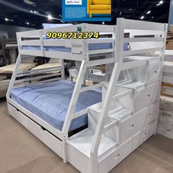 Twin Full Twin Size Triple White Bunkbed With Orthopedic Mattress Included 