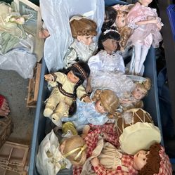 Tub Of Porcelain Dolls And Furniture 