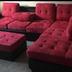 Heights Red / Black Reversible Sectional With Storage Ottoman Set |In Stock 