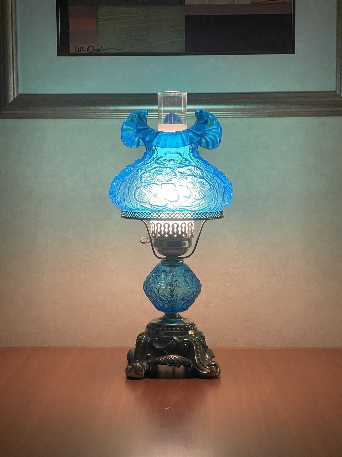 Vintage Fenton Blue Poppy Hurricane Lamp
