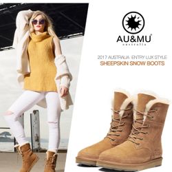 AU&MU Aumu Womens Shearling Leather Sheepskin Classic Lace up Mid Calf Flat Fur Winter Snow Boots…