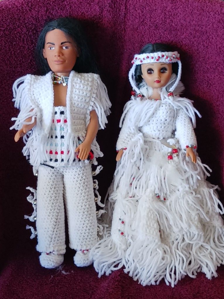 Vintage Native American 15" Dolls Princess And Warrior Crocheted Outfits