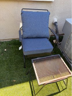 Livingston House metal patio spring chairs (2) and ottoman (2) with side table