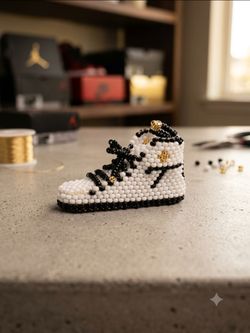 Handmade Beaded Mini Sneaker Keychain Charm – Black White Gold High Top Bag Charm