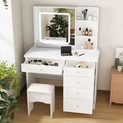 5-Drawers White Makeup Vanity Sets Dressing Table Sets with LED Dimmable Mirror white $120 