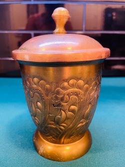 Vintage embossed /etched brass tobacco jar with lid