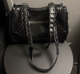 Black Leather Handbag with Braided Handles