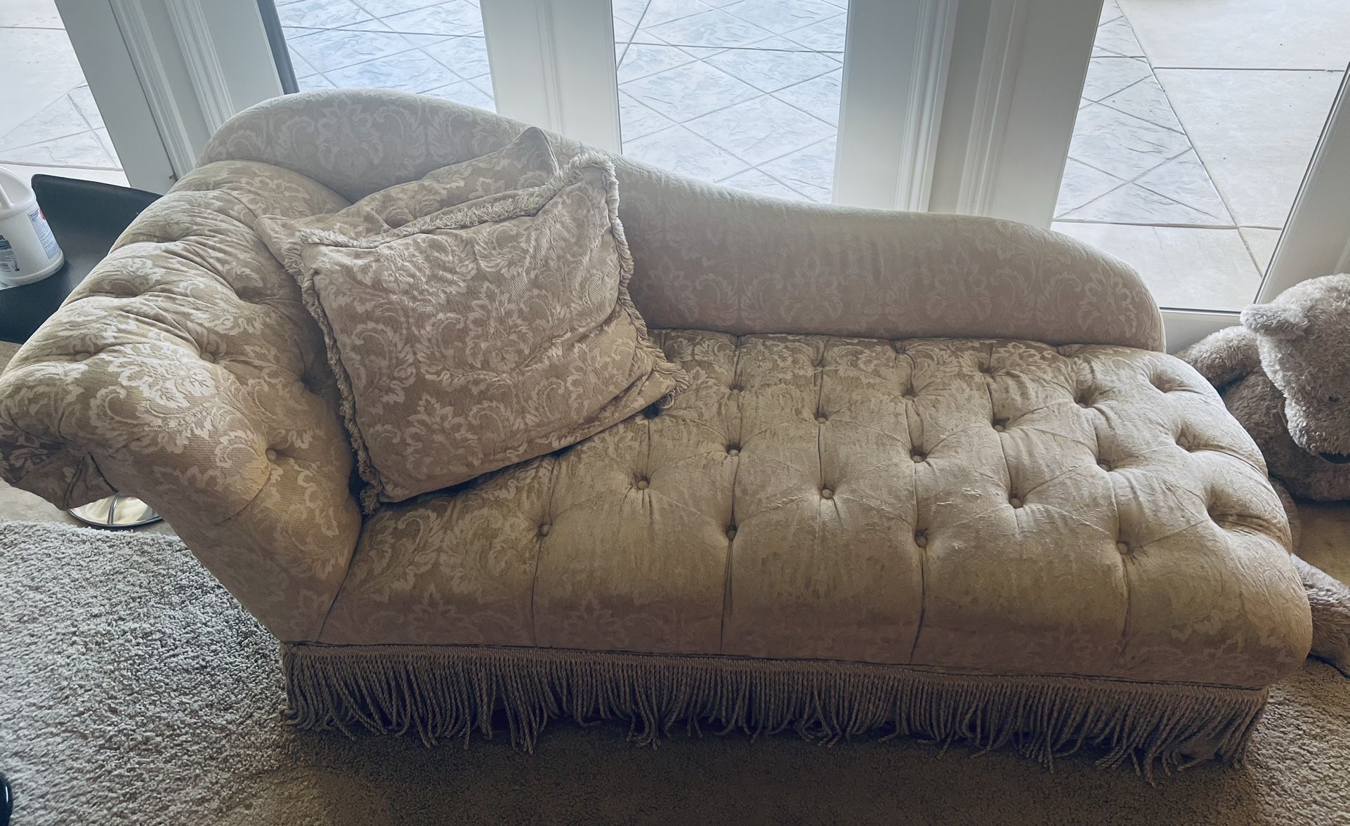 Macy’s Tufted Chaise Lounger Sofa with Custom Fabric & Fringe Detail