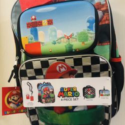 New Mario Bros Backpack With Lunchbox 4 Piece 