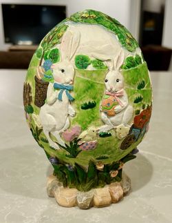 Hand Painted, Carved Resin Easter Egg with Bunny Garden Scenes
