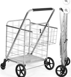 Patiojoy Folding Shopping Cart Jumbo Double Basket Grocery Cart with Wheels Silver $30