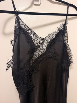 Black Satin Slip Dress with Lace Trim