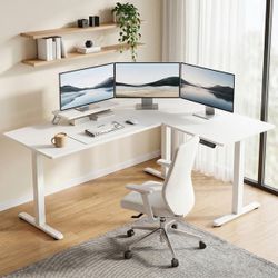New  L-shaped Standing 63” W Electric Height Adjustable Computer Desk Sit-Stand Corner Desk for Home Office Lifting Range 28~46in with Memory Preset C