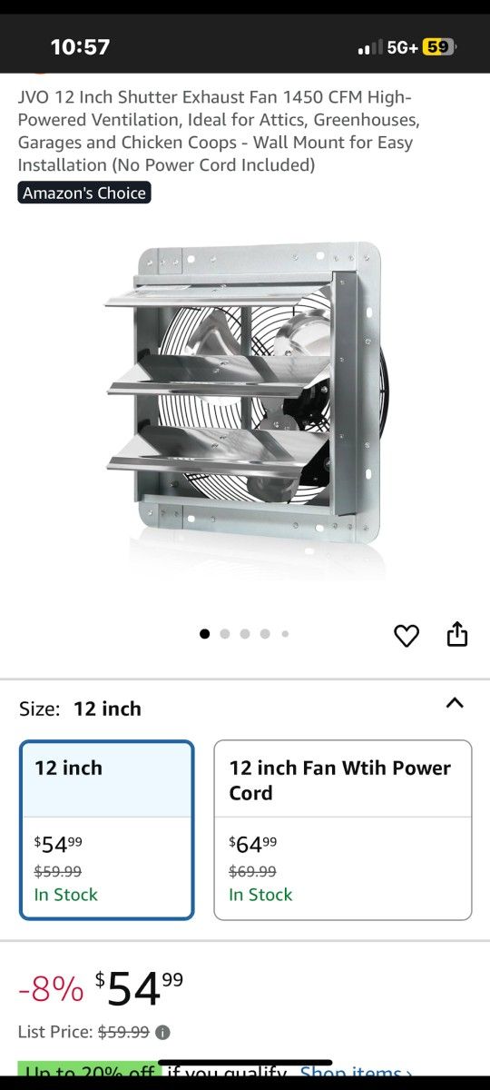 12 Inch Shutter Exhaust Fan 1450 CFM High-Powered Ventilation, Ideal for Attics, Greenhouses, Garages and Chicken Coops - Wall Mount for Easy Installa