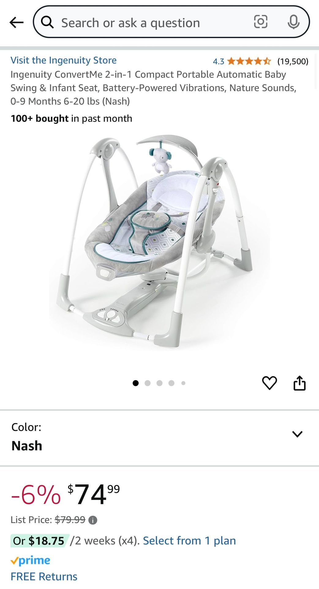 Ingenuity ConvertMe 2-in-1 Compact Portable Automatic Baby Swing & Infant Seat, Battery-Powered Vibrations, Nature Sounds, 0-9 Months 6-20 lbs (Nash)