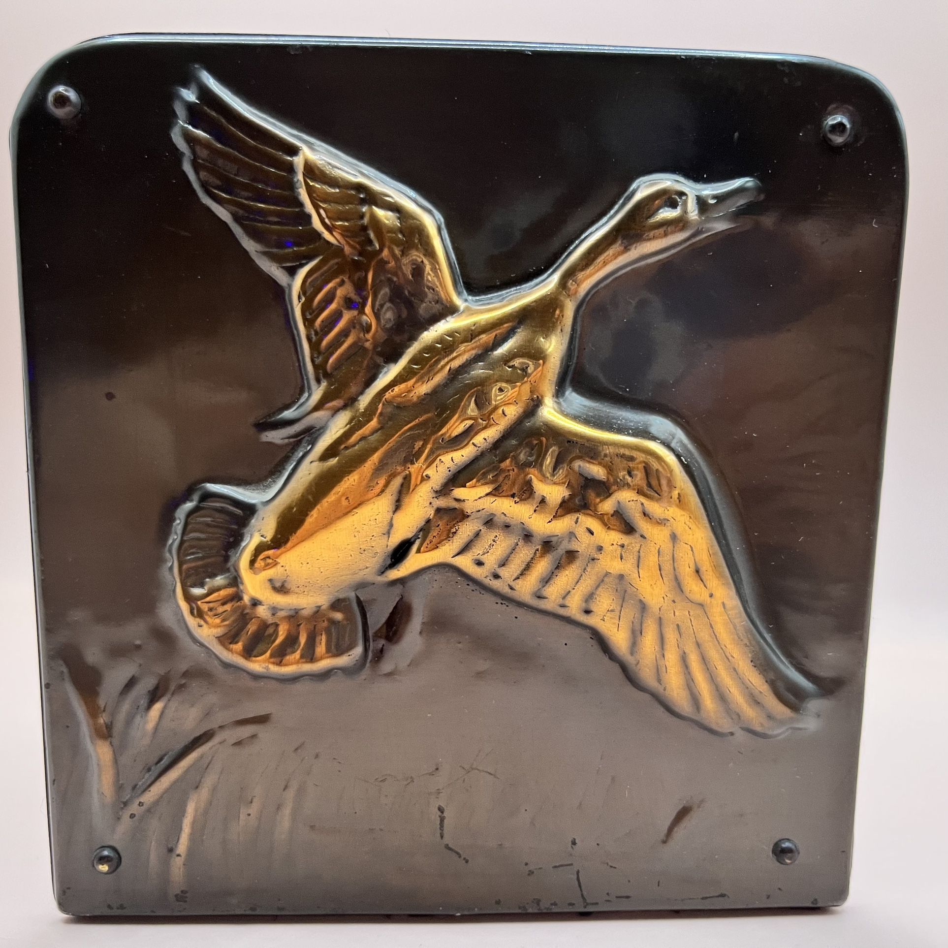 Vintage Pair of Copper Bookends - Mallard Ducks Flying Over a Marsh