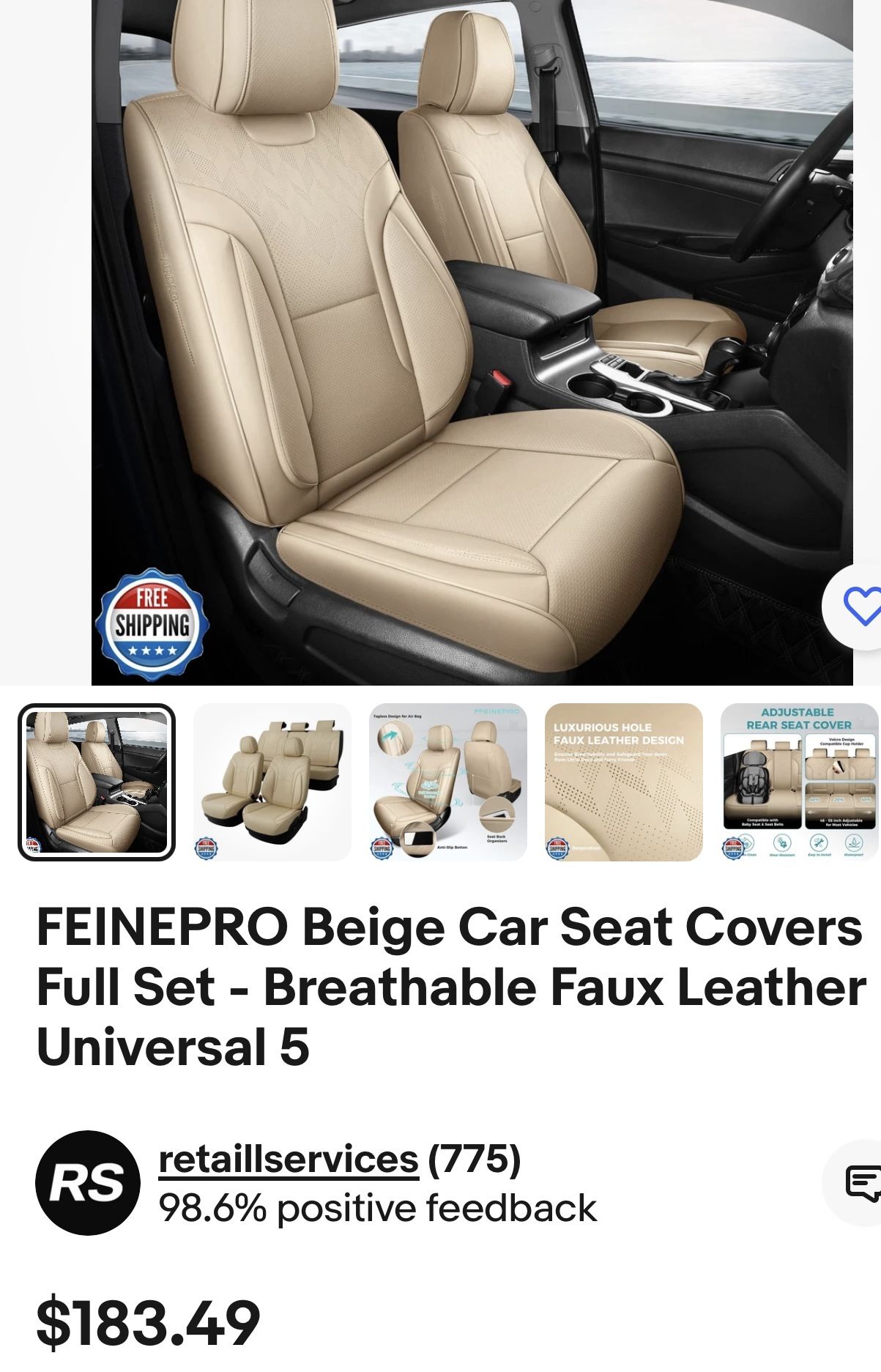 Car Seat Covers Full Set Feinpro Beige - Breathable Faux Leather Brand new - down from $185-240