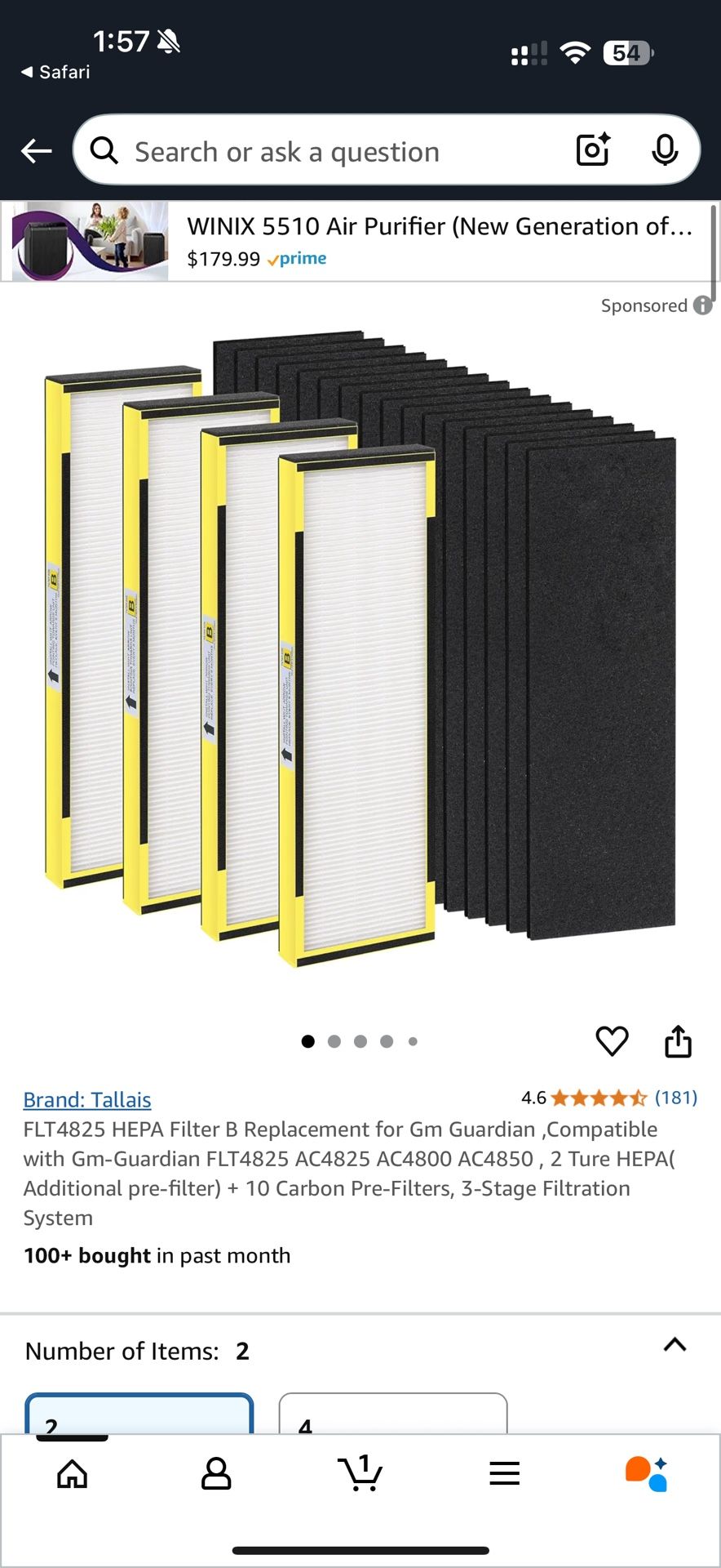 New 4-Pack FLT4825 HEPA Filter B Replacement for Germ Guardian FLT4825 AC4825 AC4800 AC4850 , 2 Ture HEPA + 10 Carbon Pre-Filters, 3-Stage Filtration
