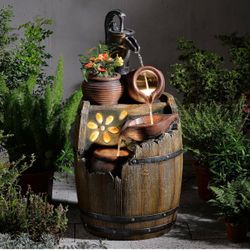 Water Fountain Outdoor 29" H Outside Floor 3 Tiered Rustic Barrel with Light, Pump for Garden, Patio, Deck, Porch, Backyard Home Decor