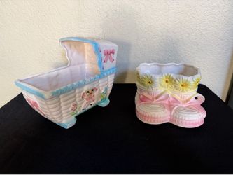 Vintage Rubens Originals Baby Bassinet and Booties Ceramic Planters
