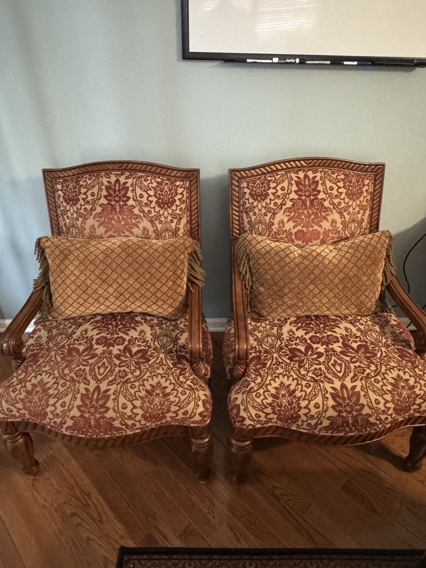 2x Wooden Red Fabric Chairs