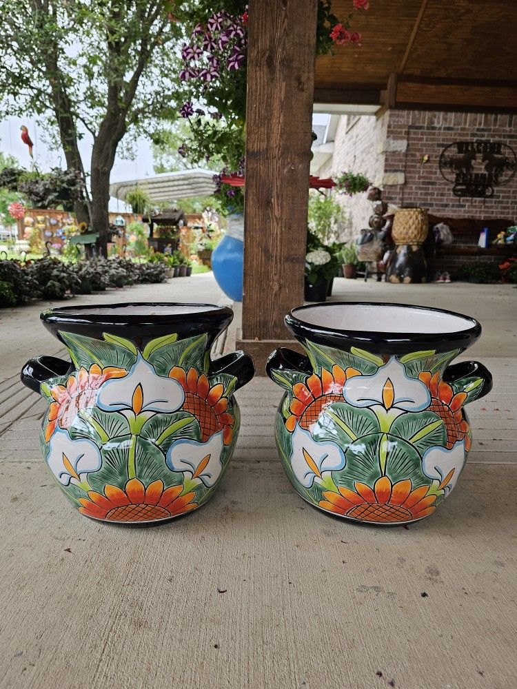 Talavera Sunflower And Alcatraz Clay Pots, Planters,Plants, Pottery $55 cada uno.