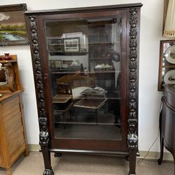 Antique Walnut Display Cabinet, Refinished, Burl Inlay, Blown Glass