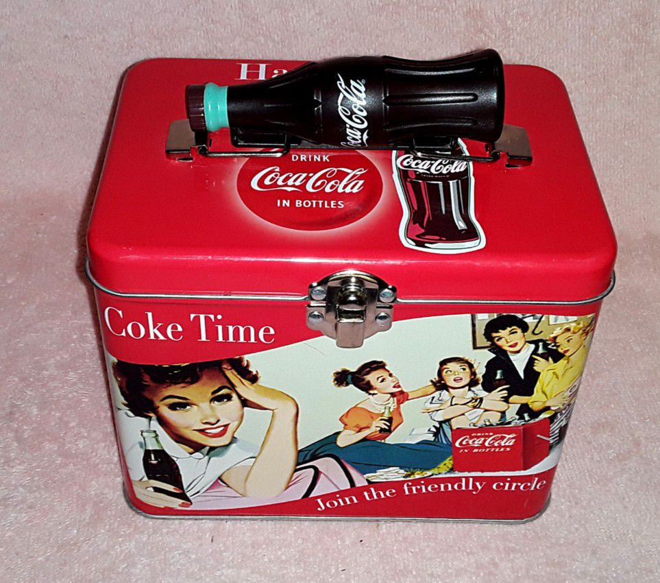 Rare COCA COLA Tin Lunch Box Coke Bottle Shape Handle 