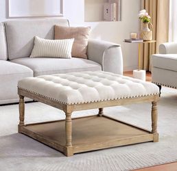 33-inch Large Square Ottoman Coffee Tables for Living Room, Tufted Upholstered Linen Ottoman with Storage Shelf and Solid Legs for Office Bedroom Farm