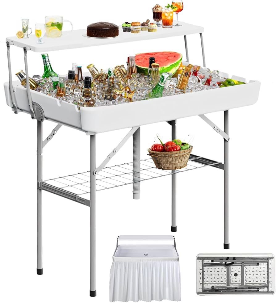 4Ft Folding Ice Cooler Table with Drain, Two-Tier Ice Bin Table with Removable Matching Skirt and Shelf, Portable Cooler Table for Parties Camping Pic