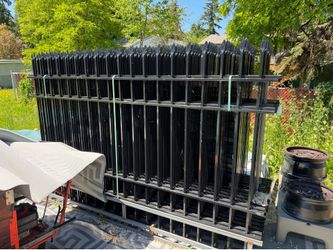 10 foot long 6 foot high Wrought iron style powder coated black steel fencing sections 220 feet total, 22 10ft long panels
