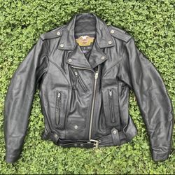 EUC Harley Davidson Black Leather Biker Riding Jacket Large L Womens Shovelhead Buttons CA03402