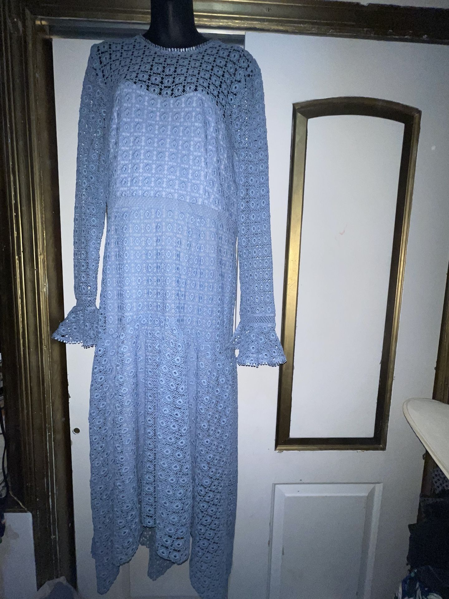 anthropologie blue lace dress Anthropologie Blue Eyelet Button Up Dress with Slip- Size L – The Saved  Collection main image 1